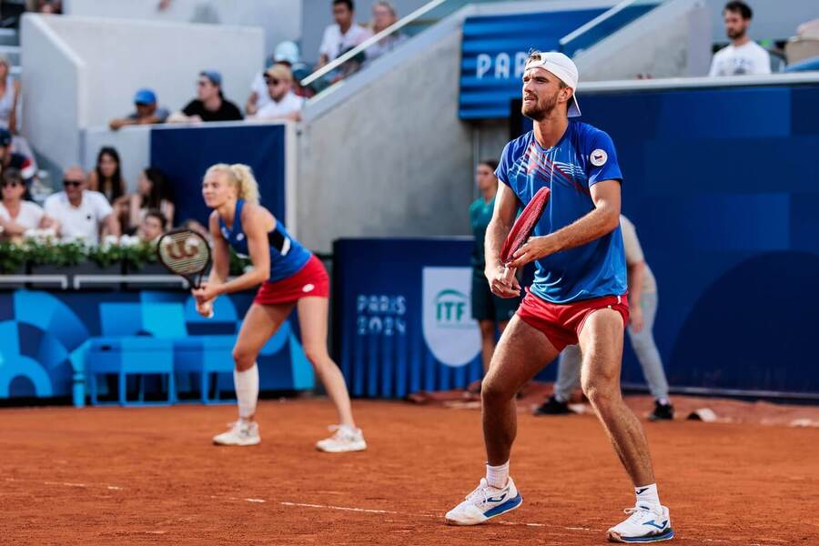 Tenis, olympiáda, Tomáš Macháč a Kateřina Siniaková během mixu, smíšená čtyřhra, LOH Paříž